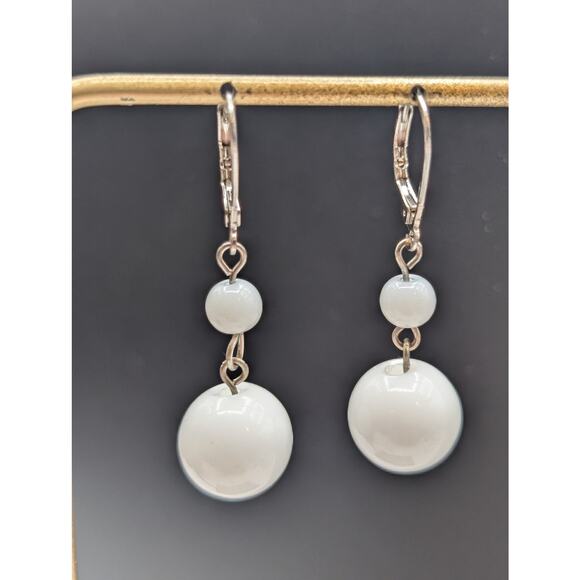 White Glass Silver Tone Lever Back Bauble Dangle Earrings - Picture 5 of 5
